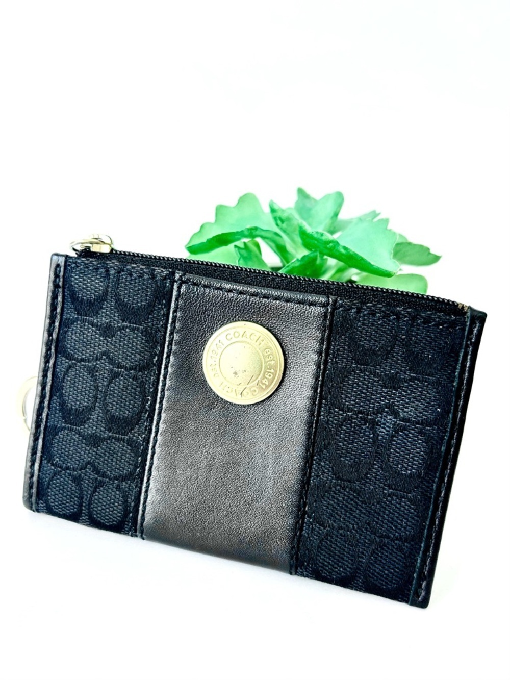 Coach Mini Signature Skinny Coin Purse Keychain Wallet ID Case Black Leather